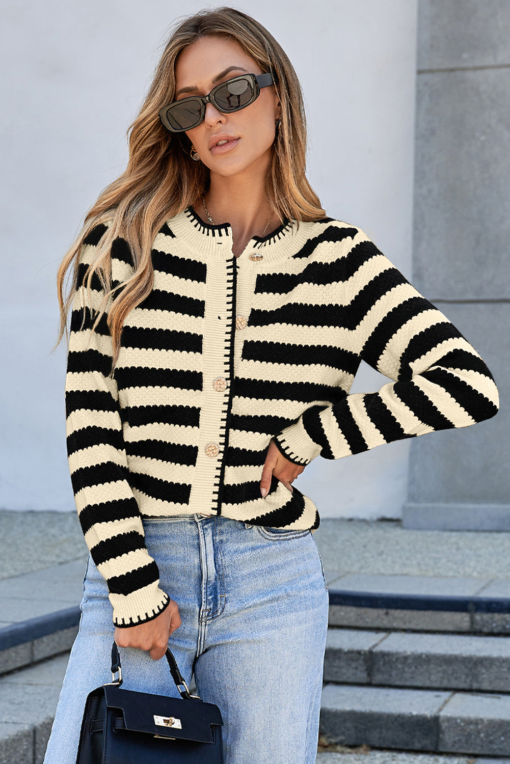 Black Stripe Cardigan Sweater For Trendy Outfits
