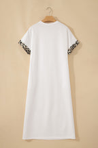 Dark Grey Contrast Leopard Bow Patched Short Sleeve T Shirt Long Dress