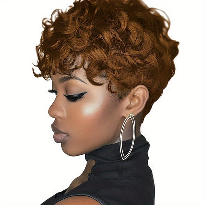Short curly pixie cut wig from LuckeLadybug LLC in a warm brown shade for a stylish look