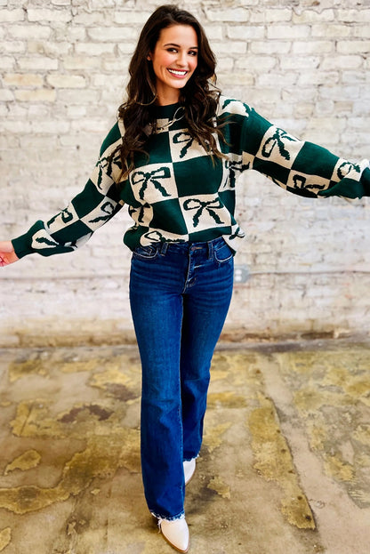 Blackish Green Checkered Sweater For Trendy Style