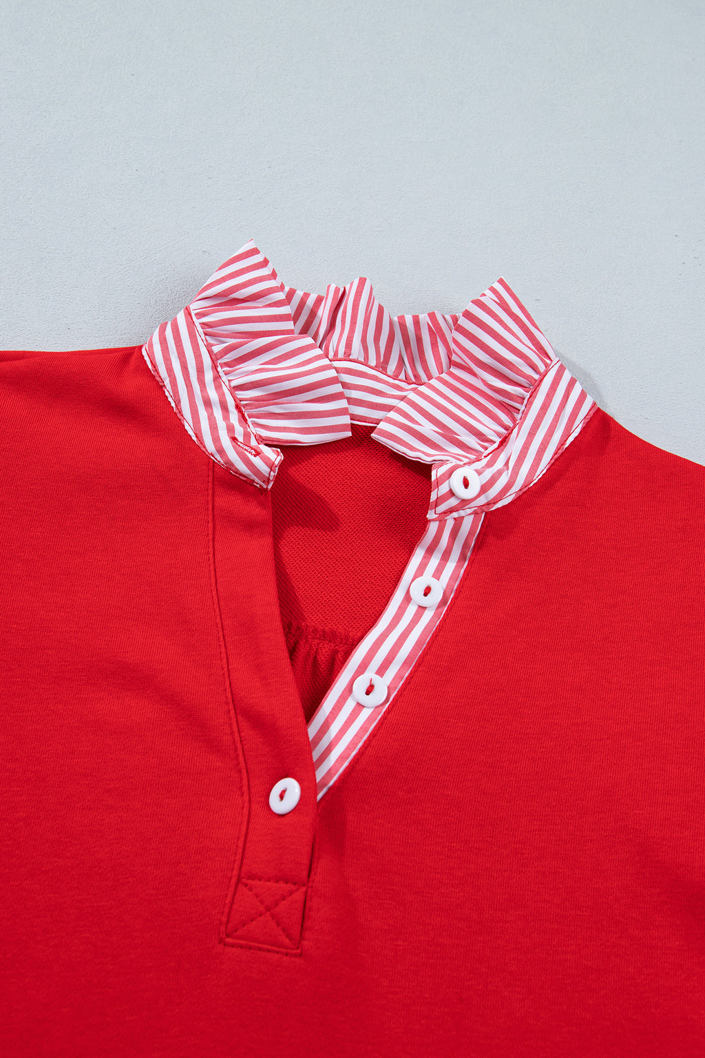 Sky Blue Striped Frilled Collar Short Sleeve Blouse