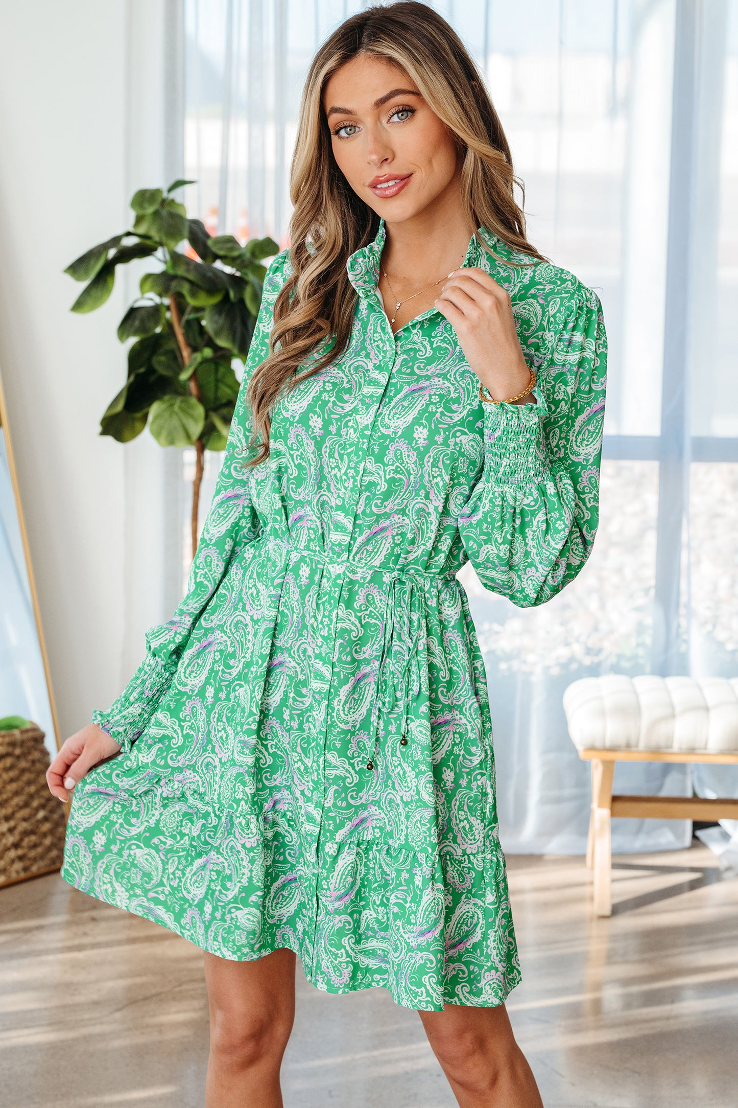 Green Paisley Mini Dress Tie-Waist Ruffle Hem