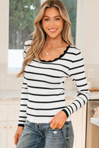 Black And White Striped Scalloped Sweater