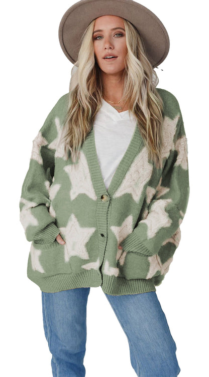 Khaki Star Pattern Sherpa Cardigan