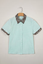 Green Stripe Leopard Contrast Collar Short Sleeve Shirt