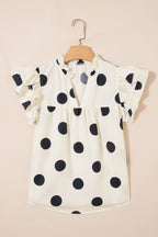 Apricot Casual Polka Dot V-Neck Ruffle Short Sleeve Shift Blouse