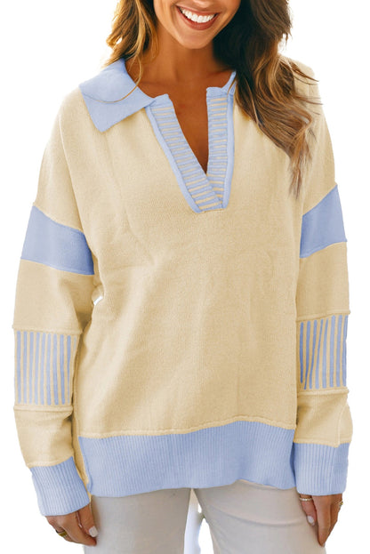 Sky Blue Color Block Knit Sweater