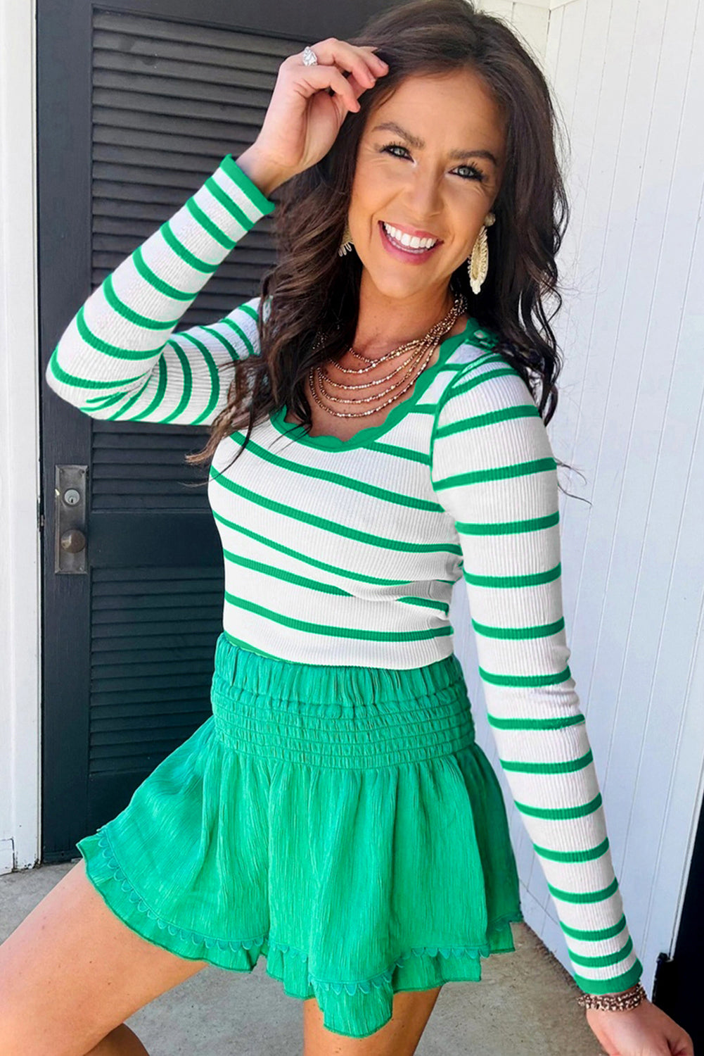 Black And White Striped Scalloped Sweater