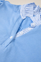 Sky Blue Striped Frilled Collar Short Sleeve Blouse