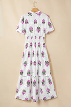 Green Floral Print Split Neck Shirred High Waist Ruffle Hem Maxi Dress