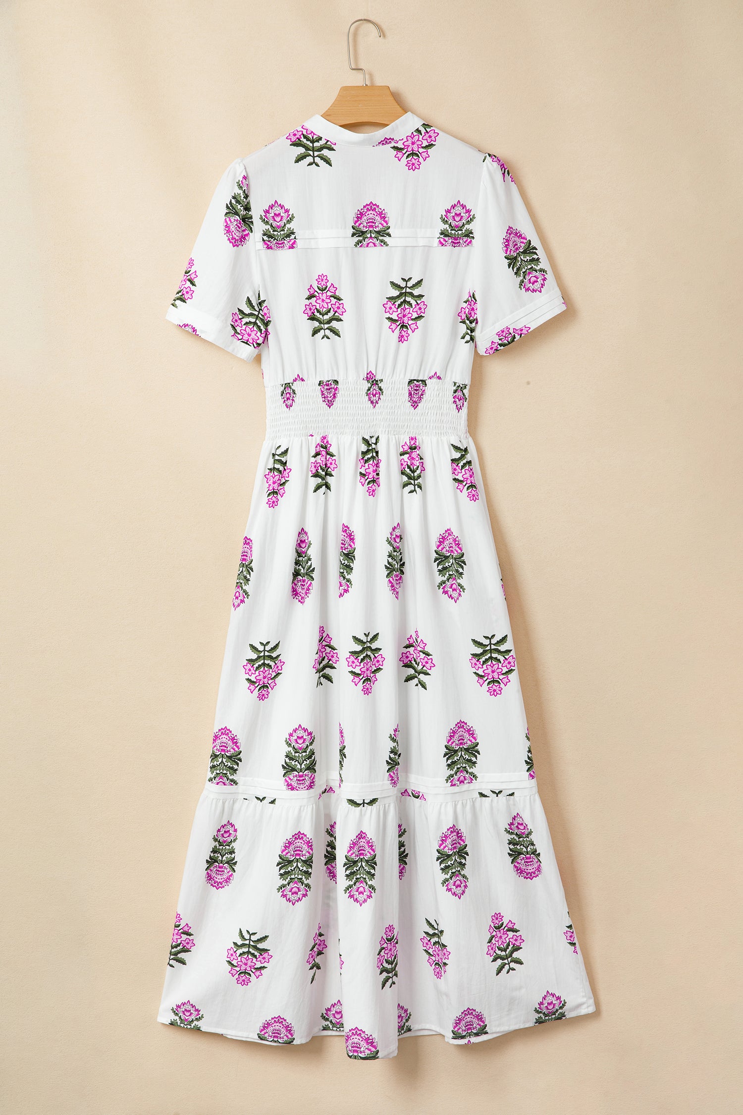 Green Floral Print Split Neck Shirred High Waist Ruffle Hem Maxi Dress