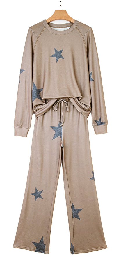 Khaki Star Print Lounge Set For Cozy Style
