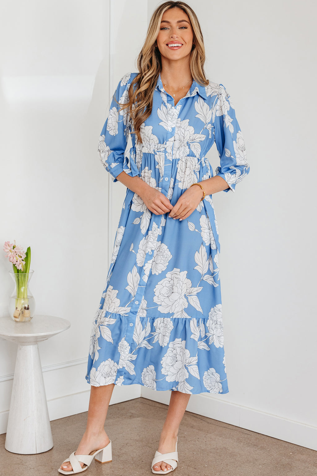 Sky Blue Floral Maxi Dress Buttoned Flowy