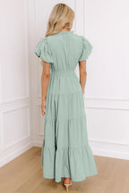 Bright Green Solid Color V Neck Short Puff Sleeve High Waist Tiered Maxi Dress