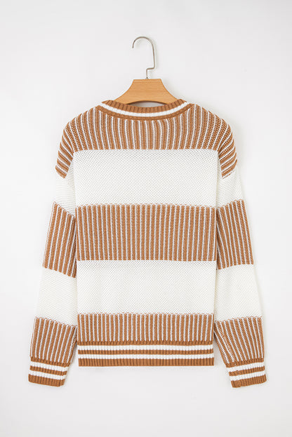 Brown Striped Patchwork Sweater For Trendy Look