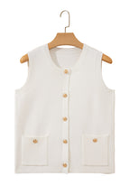 White Solid Color Sleeveless Knit Button Pocketed Sweater