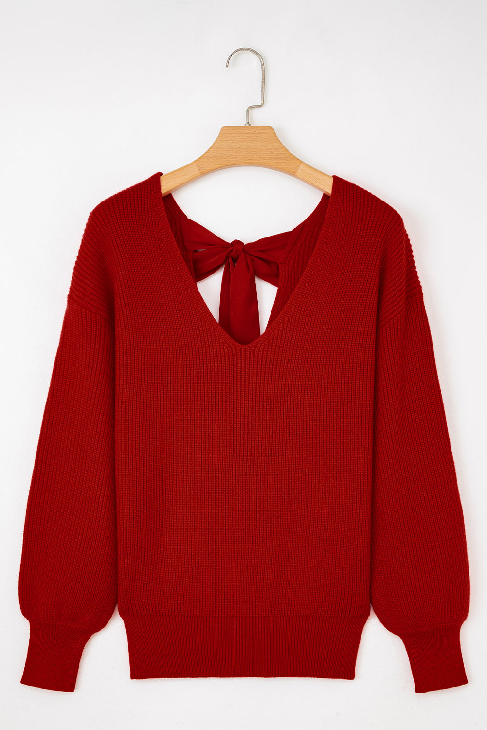Red Lantern Sleeve Sweater With Bow Detail