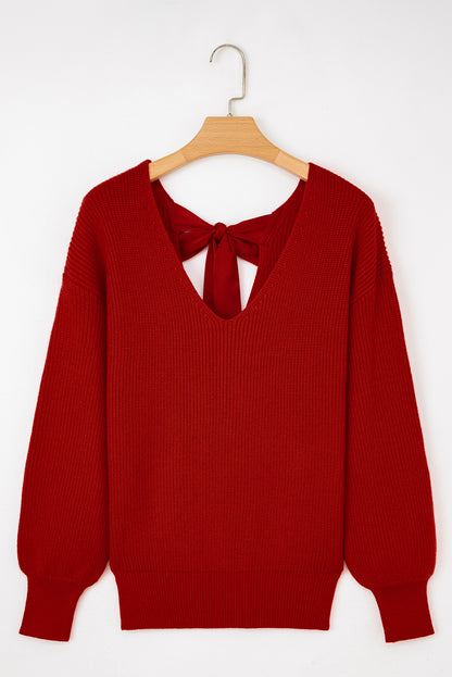 Red Lantern Sleeve Sweater With Bow Detail