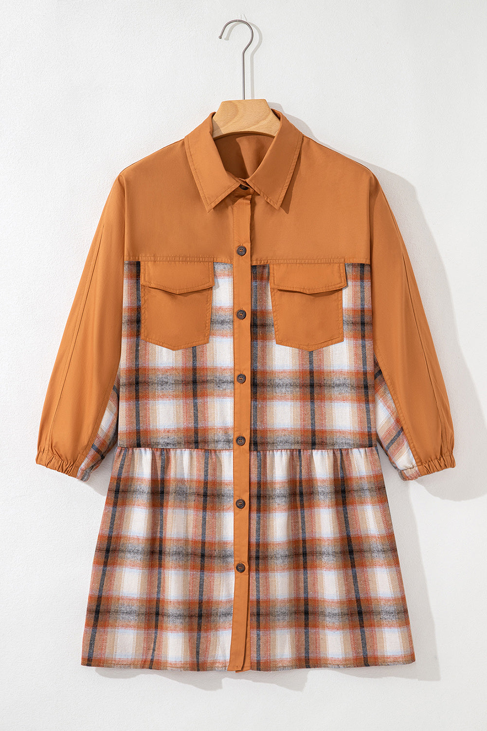 Khaki Plaid Tunic Dress Button Front
