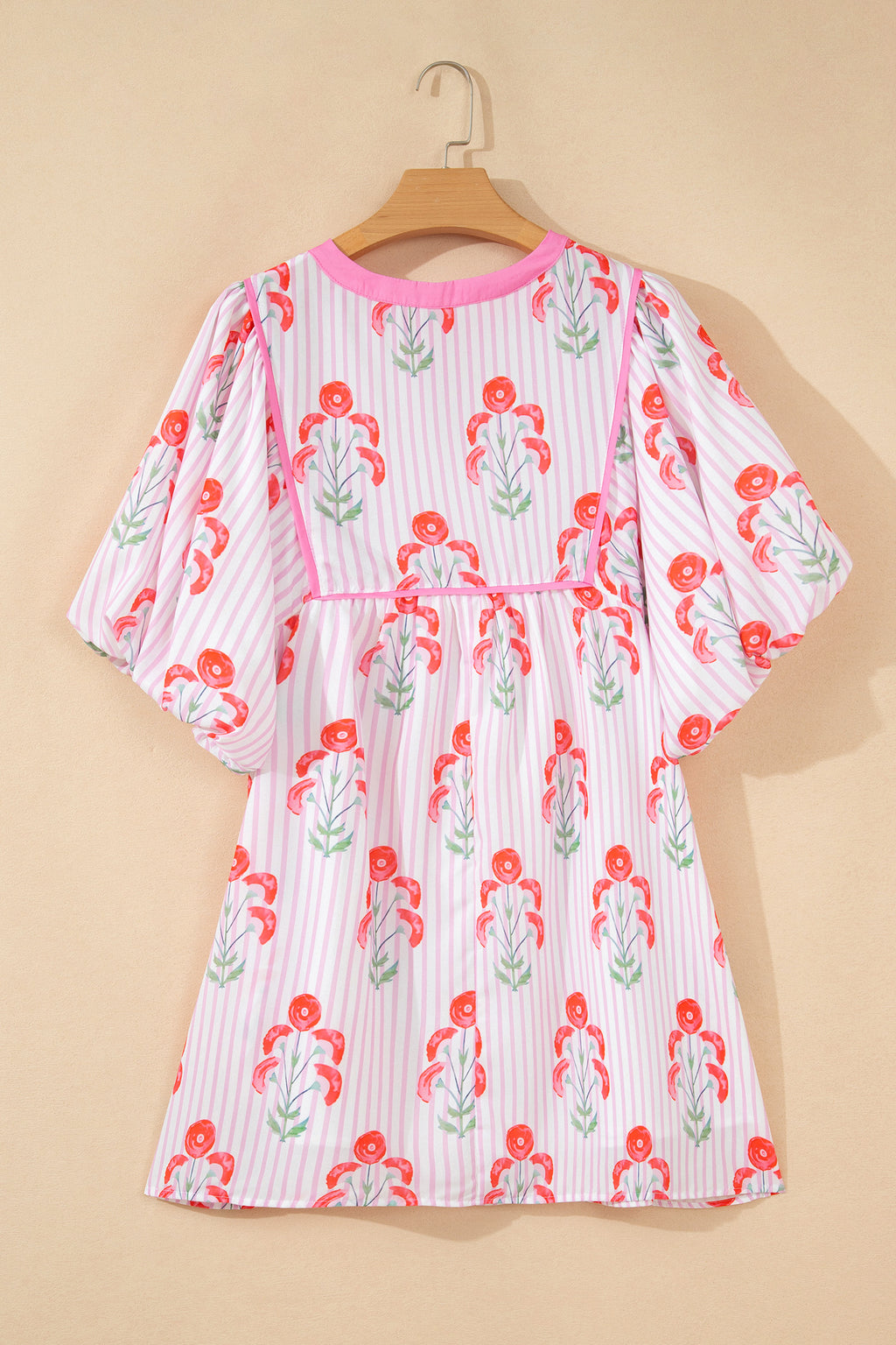 Sky Blue Floral Striped Print Tie Notched Neck Puff Sleeve Flared Mini Dress