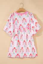 Sky Blue Floral Striped Print Tie Notched Neck Puff Sleeve Flared Mini Dress