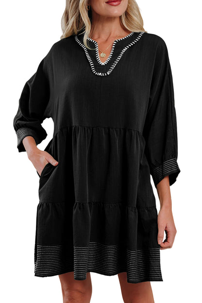 Black Contrast Stitch Mini Dress Tiered V-Neck