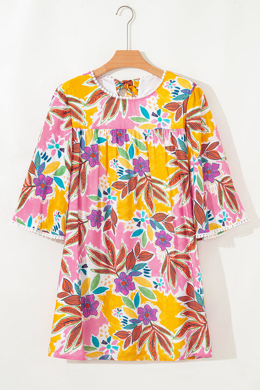 Pink Floral Swing Mini Dress Lace Trim