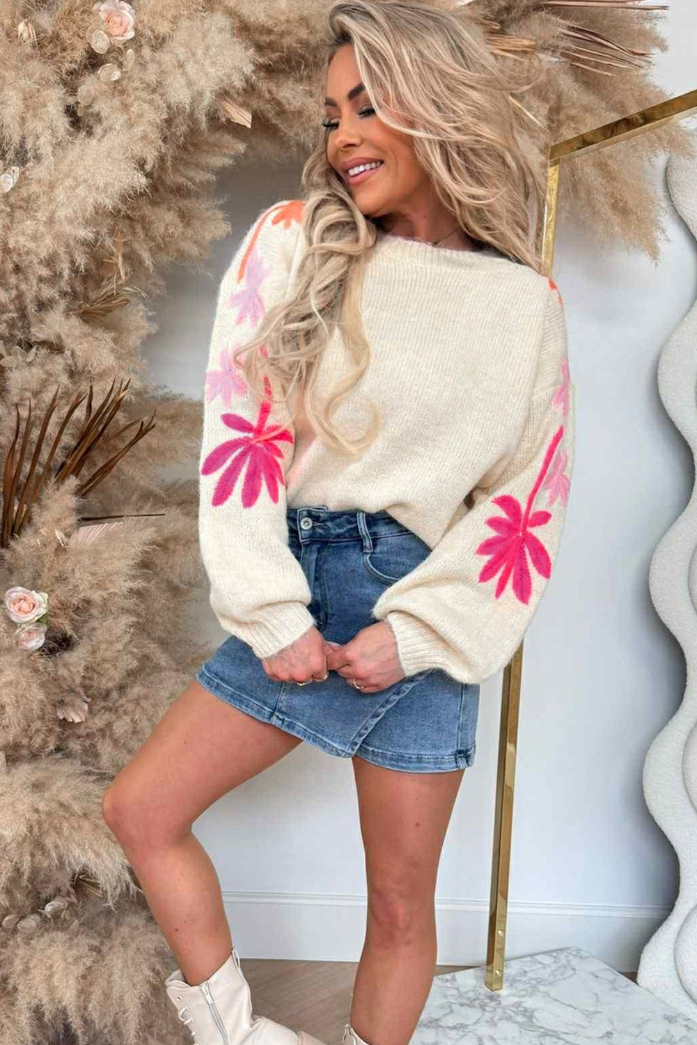 Beige Embroidered Floral Sweater
