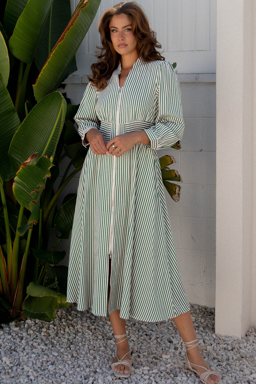 Green Stripe Midi Dress Button Front