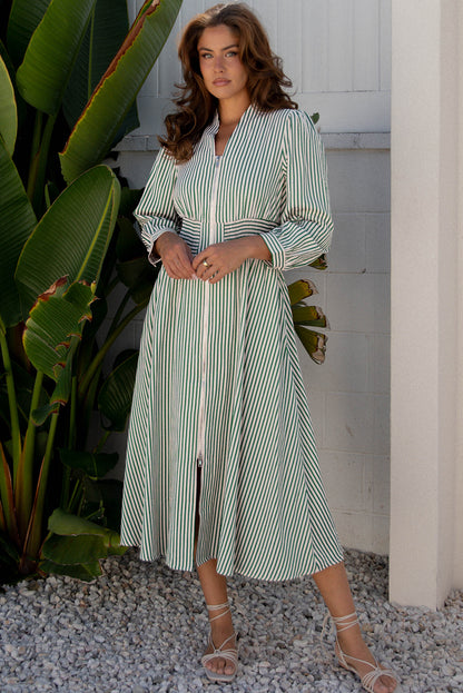 Green Stripe Midi Dress Button Front