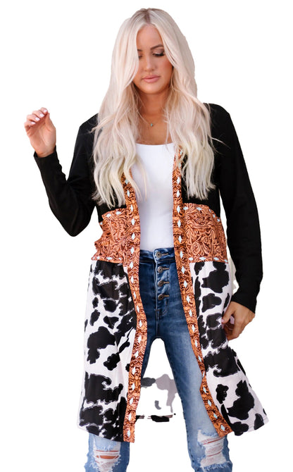 Black Western Cow Print Cardigan