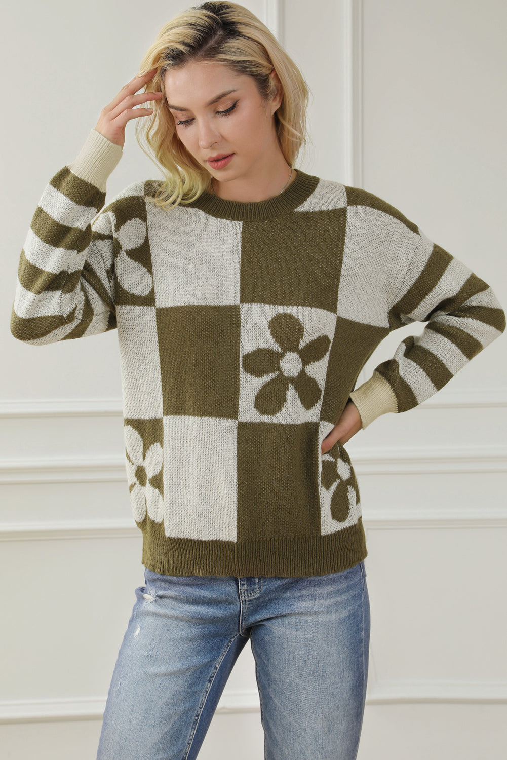 Brown Checkered Floral Sweater