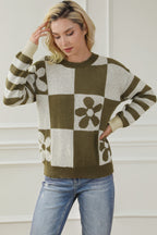 Brown Checkered Floral Sweater
