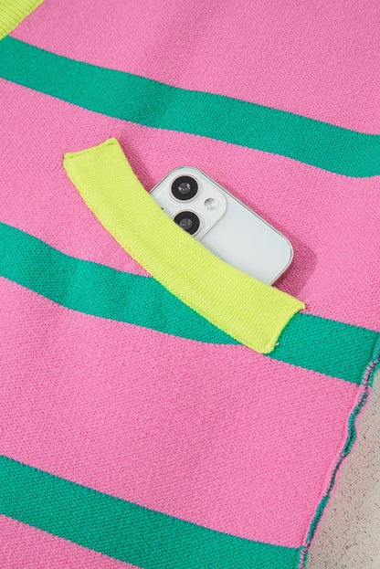 Pink Stripe Colorblock Cardigan For Trendy Style