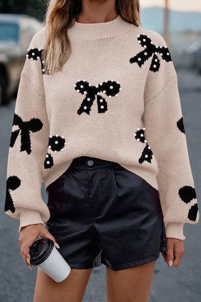 Pearl Embellished Bow Sweater For Chic Style