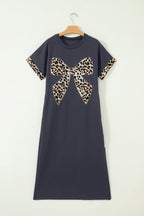 Dark Grey Contrast Leopard Bow Patched Short Sleeve T Shirt Long Dress