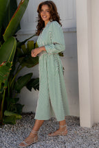 Green Stripe Midi Dress Button Front