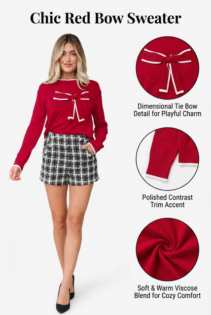 Red Bow Accent Holiday Sweater