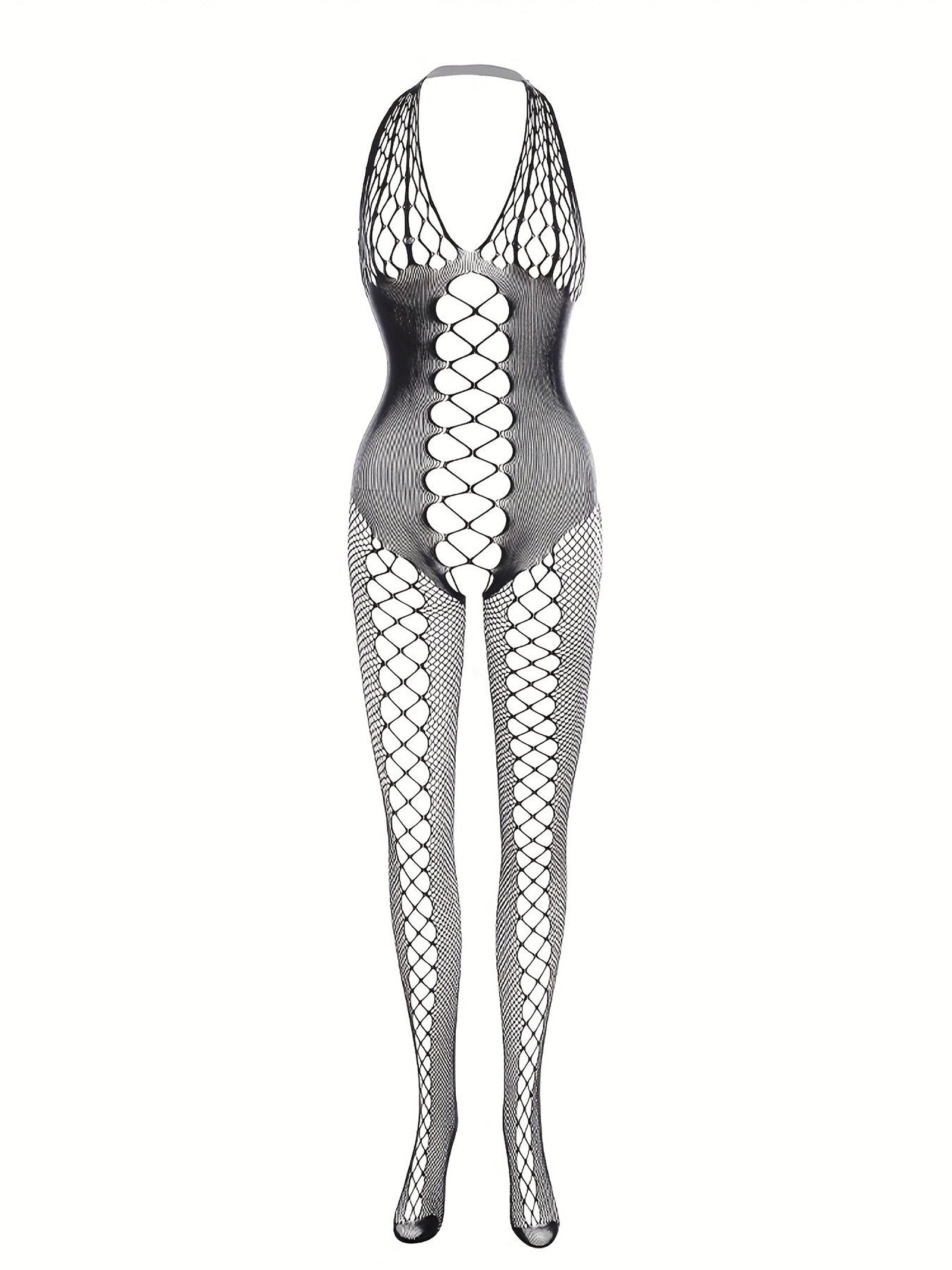 4-Pack Fishnet Bodystocking Set with Jacquard Design & Open Crotch