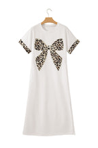 Dark Grey Contrast Leopard Bow Patched Short Sleeve T Shirt Long Dress