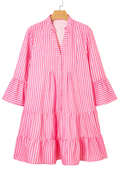Pink Stripe Flare Sleeve Mini Dress Ruffle