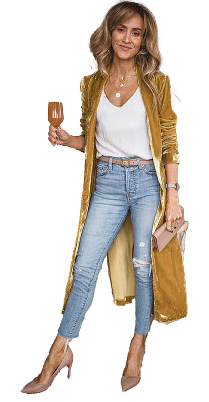 Yellow Velvet Duster Coat For Trendy Looks