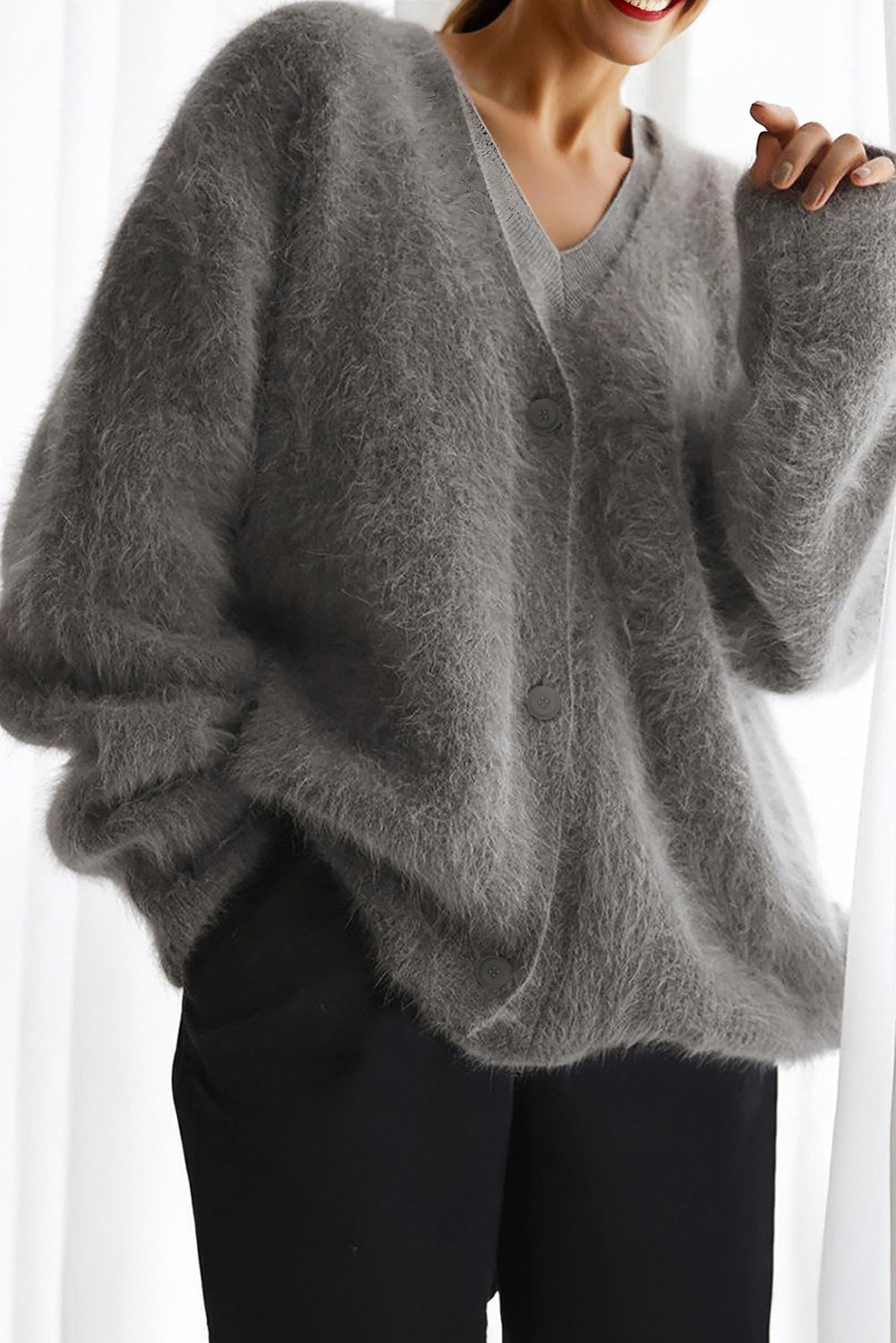 Dear-Lover Gray Mohair Sweater Cardigan For Women