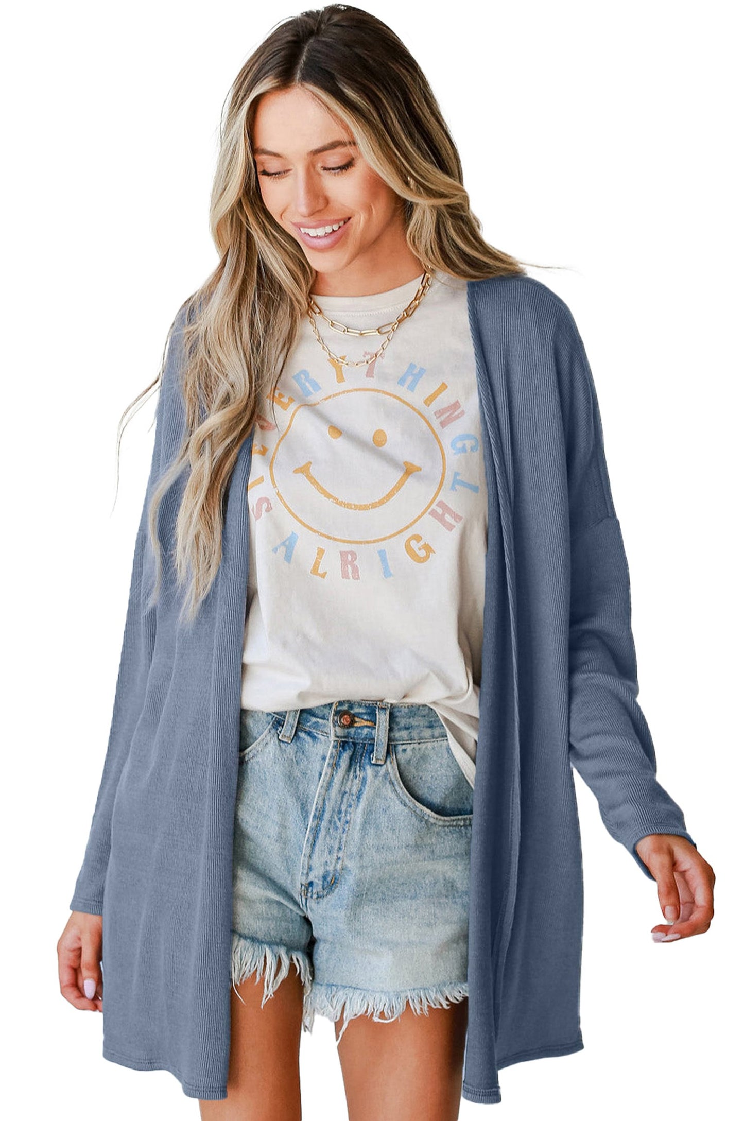 Blue Rib Knit Open Front Cardigan