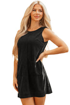 Black Corduroy Mini Dress With Pockets