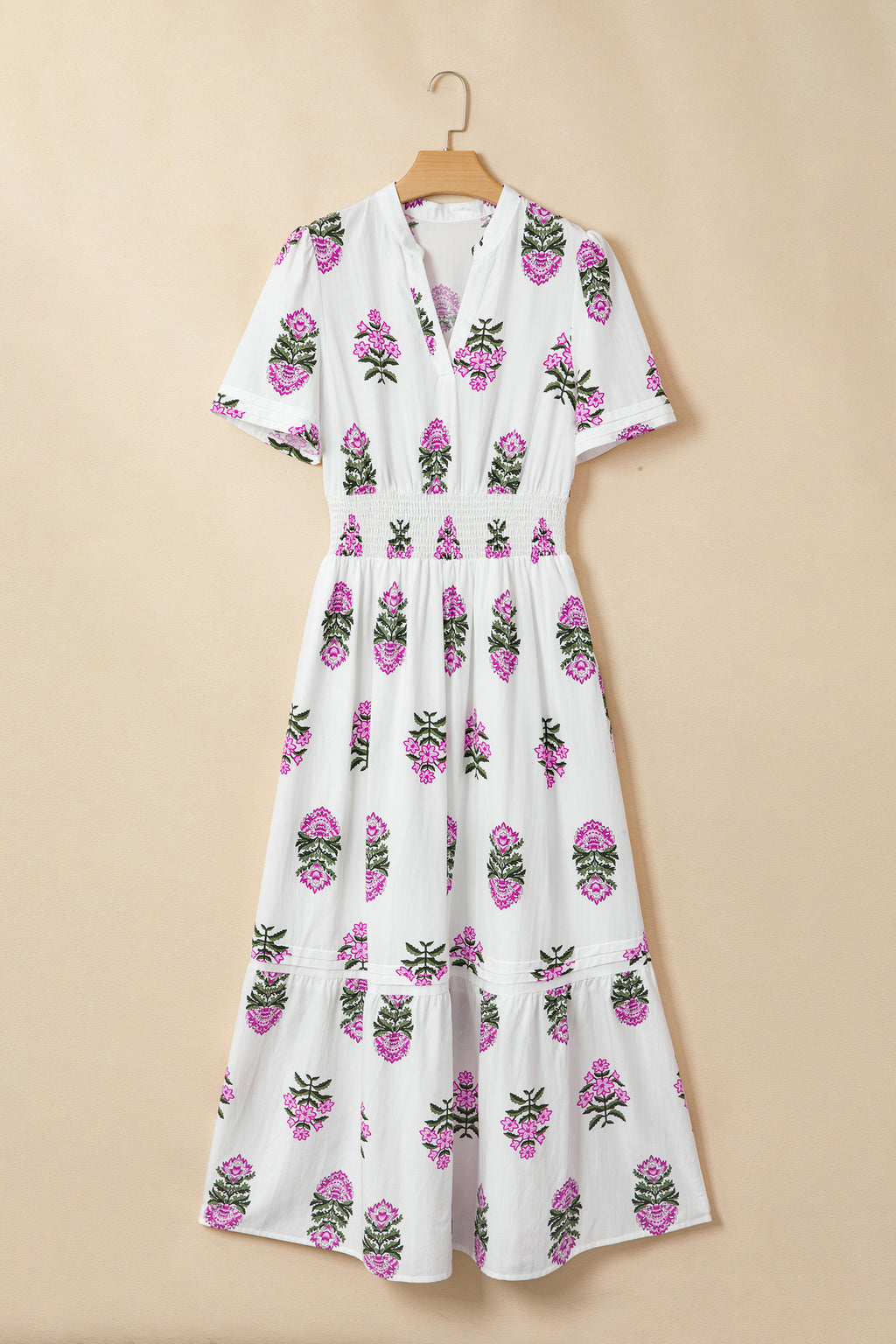 Green Floral Print Split Neck Shirred High Waist Ruffle Hem Maxi Dress