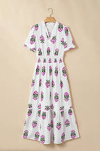 Green Floral Print Split Neck Shirred High Waist Ruffle Hem Maxi Dress