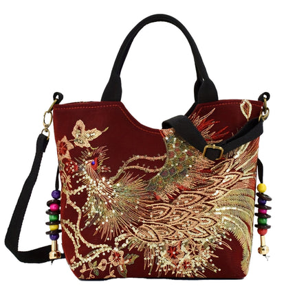 Wo's Embroidered Satchel Bag - Retro Double Handle Handbag with