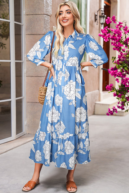 Sky Blue Floral Maxi Dress Buttoned Flowy