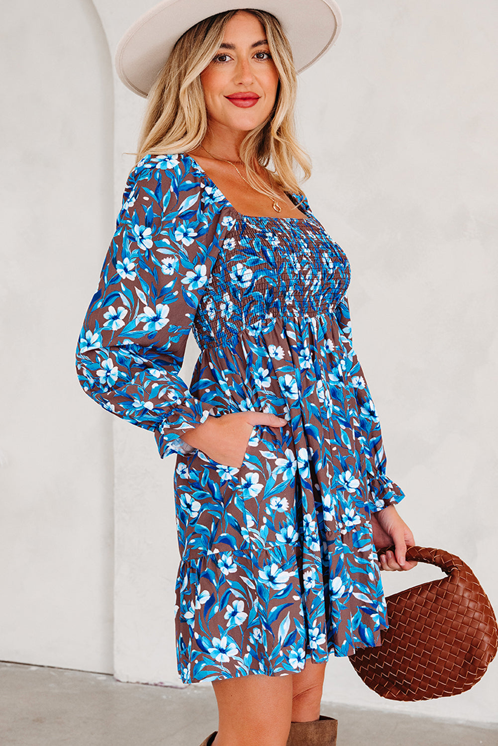 Blue Floral Smocked Dress Puff Sleeve Mini